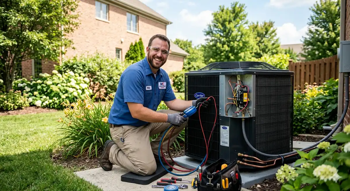 HVAC technician servicing an outdoor AC unit